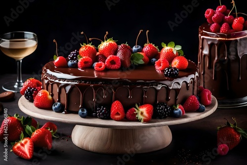 A divine chocolate cake adorned with a medley of fresh berries  including plump strawberries and cherries  captivates the viewer with its irresistible allure.Ai generated 