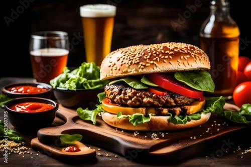 A close-up view of a homemade beef burger on a wooden table is a feast for the eyes. AI generated