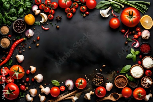 Wallpaper Mural A sumptuous array of food ingredients and spices is artfully arranged on a black concrete background, showcasing the essence of Italian cuisine.AI generated Torontodigital.ca