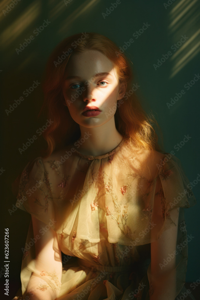 portrait of a woman/model/book character standing by a window in warm daylight with a thoughtful/sad expression in a fashion/beauty editorial magazine style film photography look - generative ai art