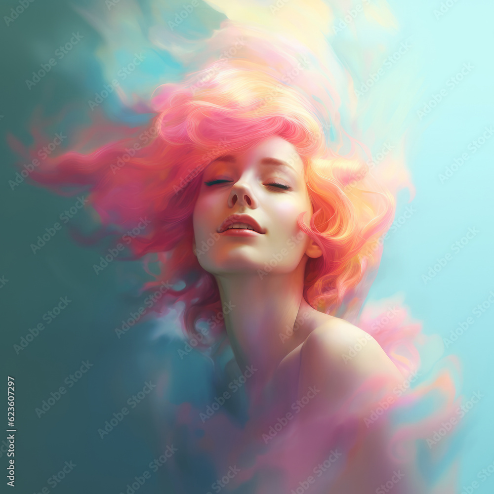 Glamorous pretty woman with beautiful wavy pink hair, mysterious and sensual attitude - Generative AI