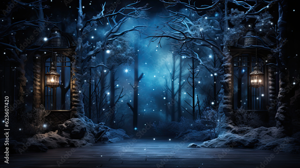 A snowy night scene with a path through a forest. Generative AI. A snowy night scene with a path through a forest. Generative AI.