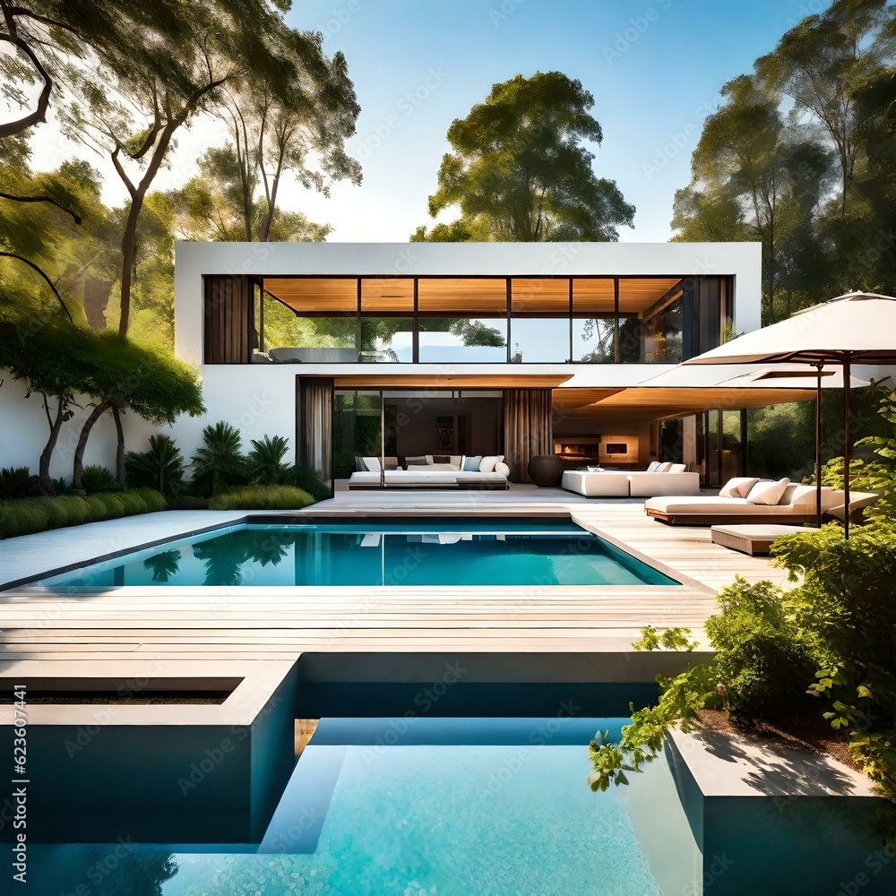 Fototapeta premium The patio and swimming pool of a modern house. The patio is a serene retreat, surrounded by tall trees and blooming flowers AI generated