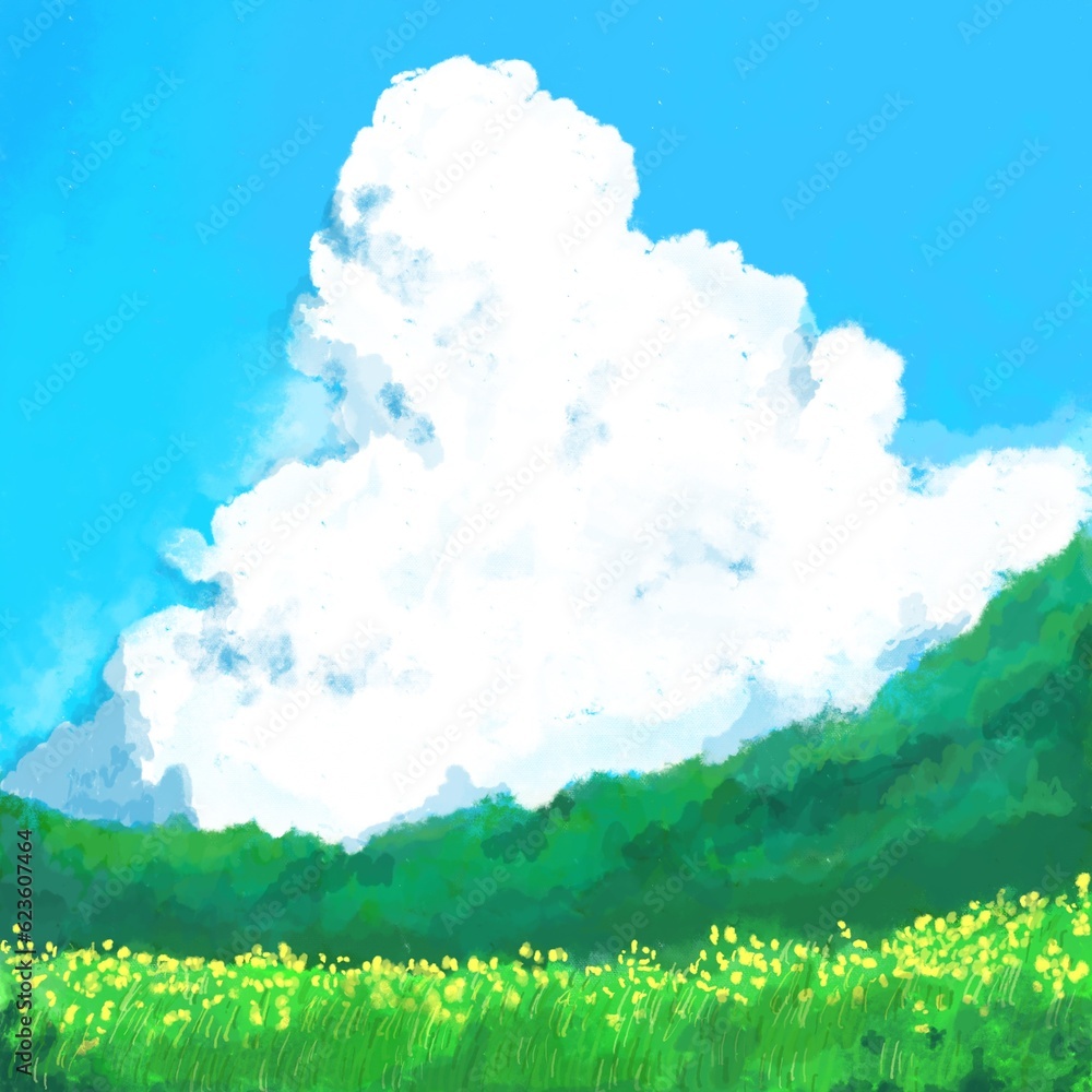 Blue sky with the green field full of yellow flower 