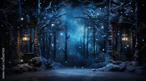 A snowy night scene with a path through a forest. Generative AI. © tilialucida