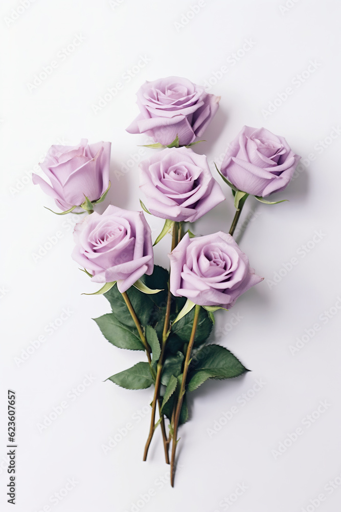 A bunch of purple roses on a white surface. Generative AI. A bunch of purple roses on a white surface. Generative AI.