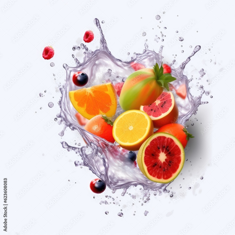 Fresh juice logo. Illustration of fruits and berries. Splash of juice from fruits. Watermelon, banana, pineapple, strawberry, orange, mango, grapes, berries, kiwi. Fruit illustration. Generative ai. Fresh juice logo. Illustration of fruits and berries. Splash of juice from fruits. Watermelon, banana, pineapple, strawberry, orange, mango, grapes, berries, kiwi. Fruit illustration. Generative ai.