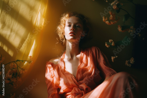 Wallpaper Mural portrait of a woman/model/book character standing by a window in warm daylight with a thoughtful/sad expression in a fashion/beauty editorial magazine style film photography look - generative ai art Torontodigital.ca