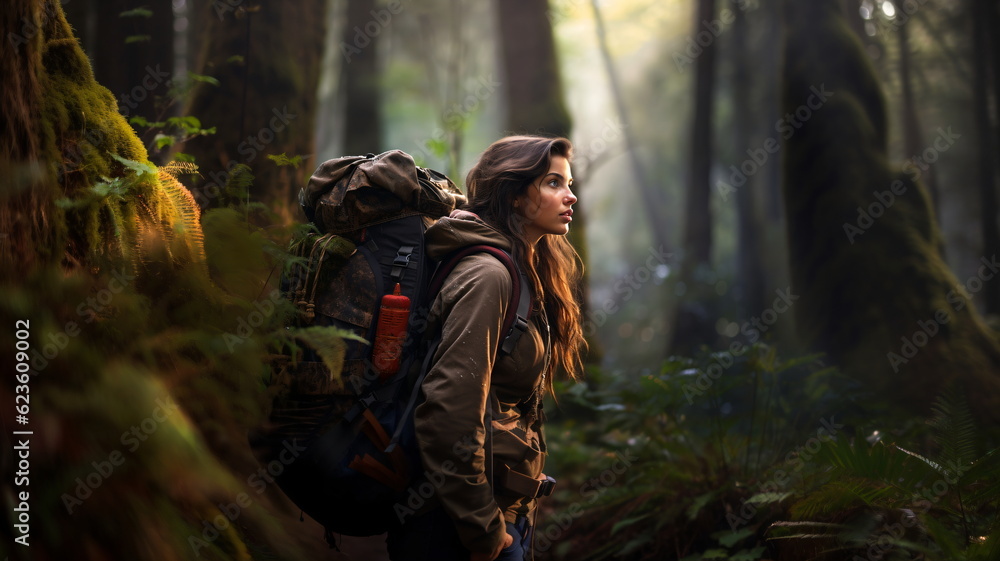Fototapeta premium a young woman backpacker in the woods.
