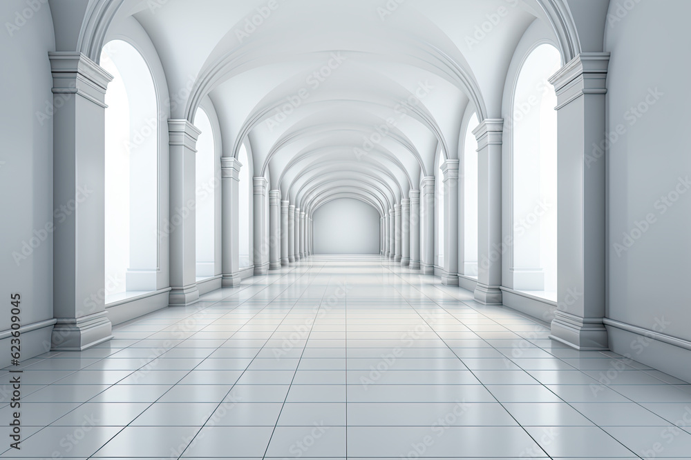 A long hallway with arched windows and a tiled floor. Generative AI.