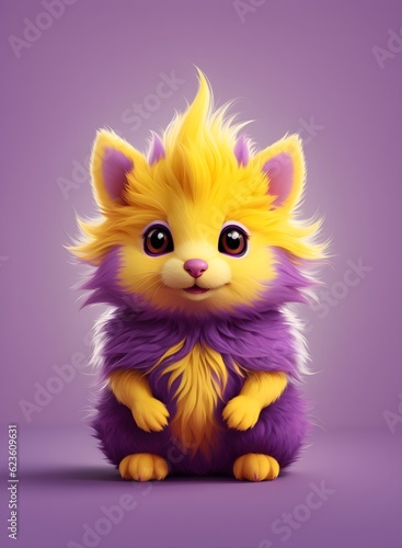 Cute little purple yellow adorable creature, animal banner isolated on purple background with copy space text 
