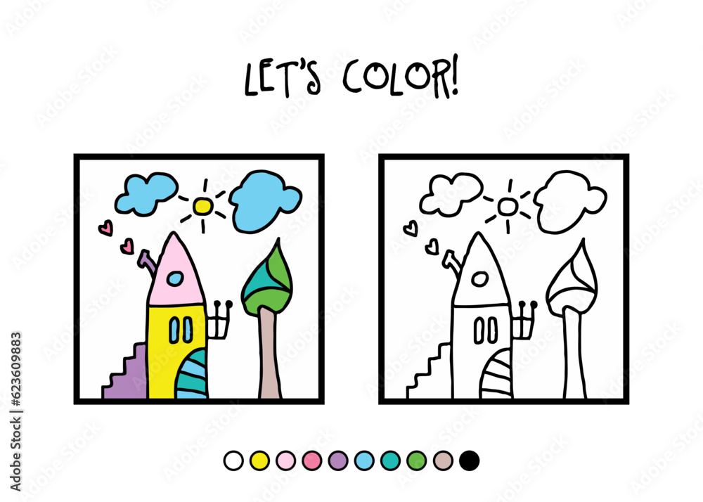 Colorful house. Home. Let's color. Color activity for kids. Printable.