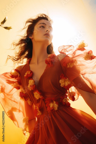 portrait of a woman/model/book character surrounded by flowers in warm daylight with a thoughtful expression in a fashion/beauty editorial magazine style film photography look - generative ai art