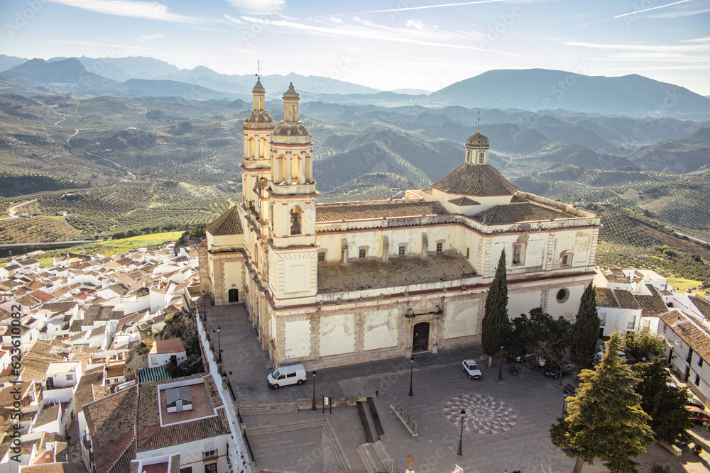 Scenic panoramic view of Church of Nuestra senora de la encarnacion in Olvera one of the white villages in Andalusia, Spain.