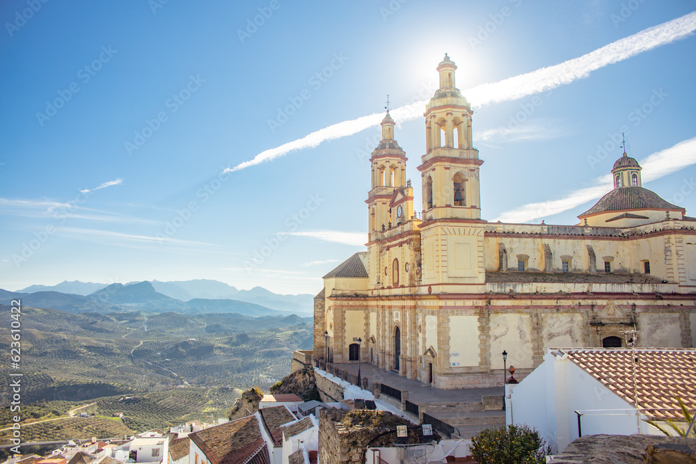 Scenic panoramic view of Church of Nuestra senora de la encarnacion in Olvera one of the white villages in Andalusia, Spain.
