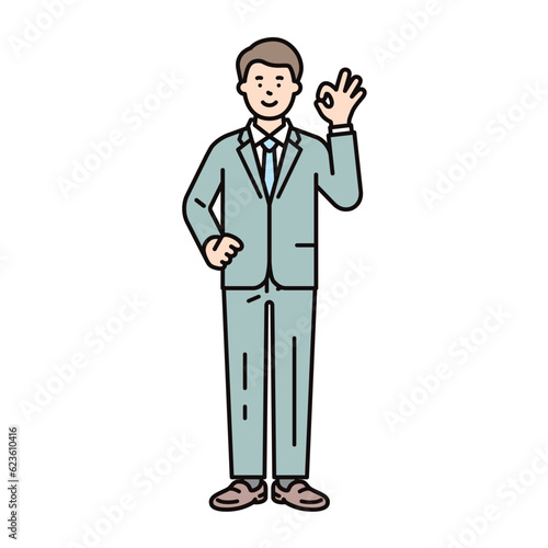  OKのポーズをとるスーツを着た男性のビジネスパーソンのイメージイラスト素材