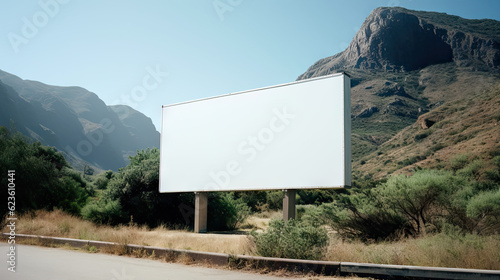 A mockup of a billboard, forest and montains