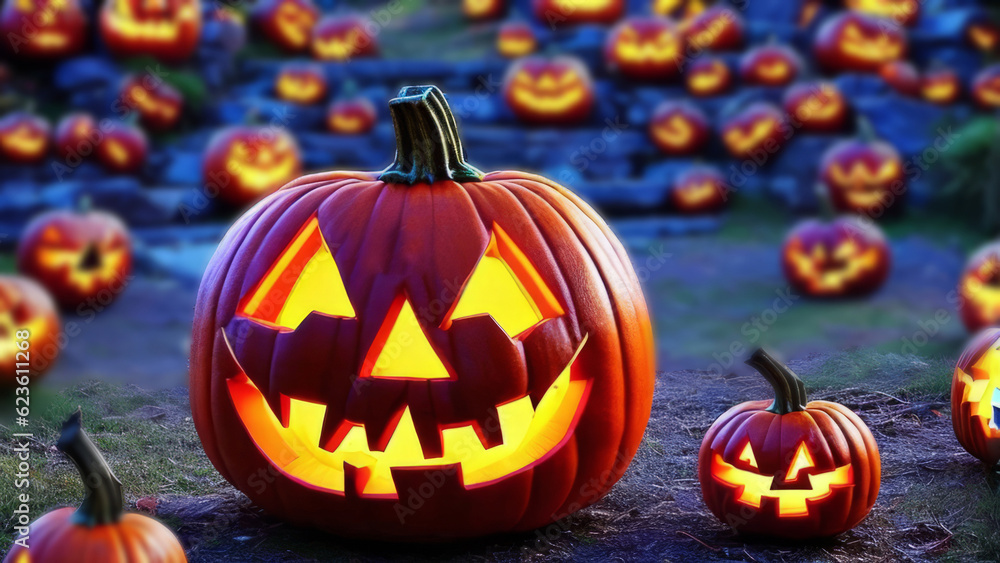 Fototapeta premium Halloween Carved Pumpkin Jack-O-Lantern on Ground Surrounded by Field of Small Pumpkins Generative AI Illustration