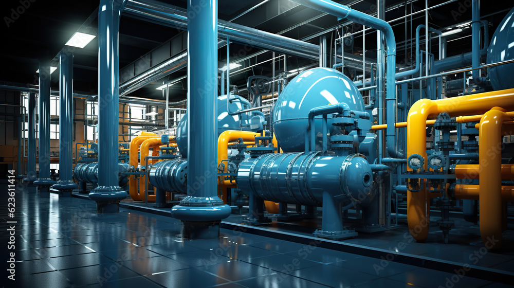 A group of pipes and valves in a building. Generative AI. Industrial boiler room and water factory. A group of pipes and valves in a building. Generative AI. Industrial boiler room and water factory.