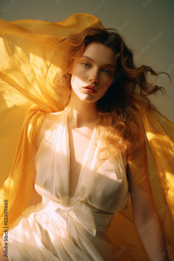 portrait of a woman/model/book character standing by daylight/window in warm colours with shadows in a fashion/beauty editorial magazine style film photography look - generative ai art portrait of a woman/model/book character standing by daylight/window in warm colours with shadows in a fashion/beauty editorial magazine style film photography look - generative ai art