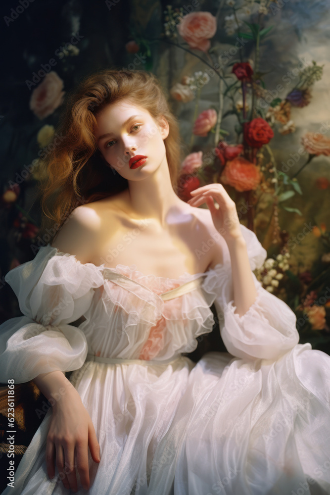 Fototapeta premium portrait of a woman/model/book character in a royal princess/fairy dress in floral setting in a fashion/beauty editorial magazine style film photography look - generative ai art