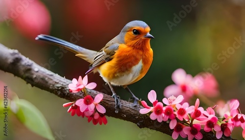 Funny Robin bird bird sit on a branch in a spring, birds in nature, Generative AI