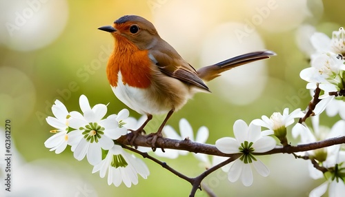 Funny Robin bird bird sit on a branch in a spring, birds in nature, Generative AI © nali