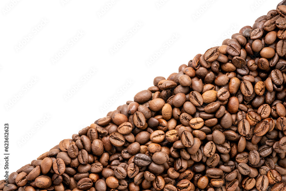 Fototapeta premium Roasted coffee beans isolated on white background, Roasted coffee beans on white With work path.