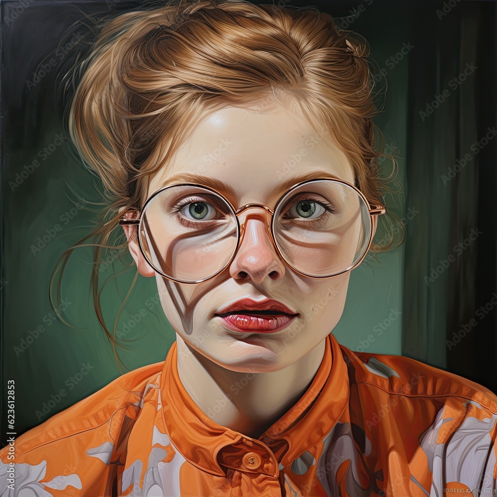 A painting of a woman wearing glasses and an orange shirt. Generative AI.