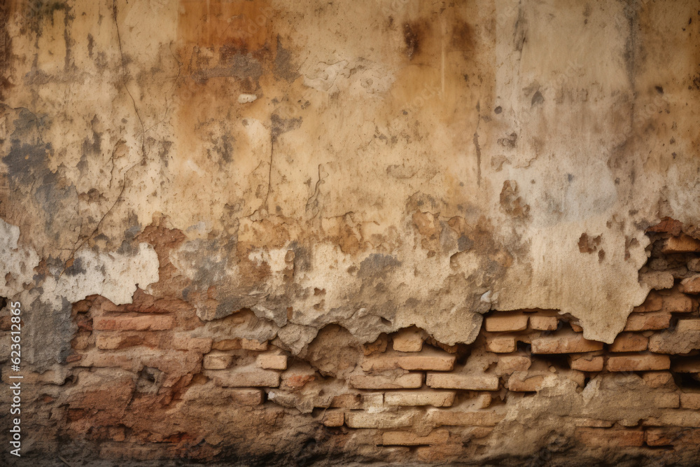 Rustic wall texture with worn bricks and plaster