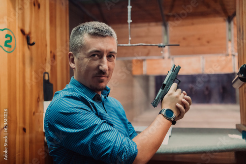 A man practices shooting a pistol in a shooting range while wearing protective headphones