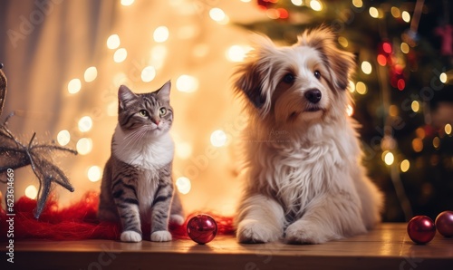 Dog and cat celebrating christmas 