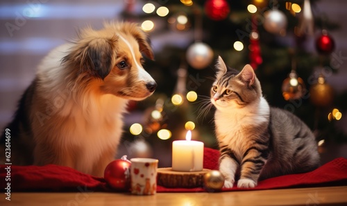 Fotografia Dog and cat celebrating christmas