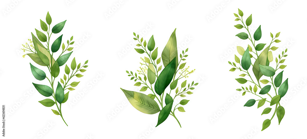 Watercolor green leaf branches collection for wedding and greetings on transparent background,generative ai