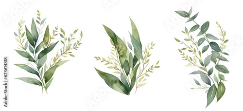 Watercolor green leaf branches collection for wedding and greetings on transparent background,generative ai