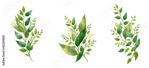 Watercolor green leaf branches collection for wedding and greetings on transparent background generative ai