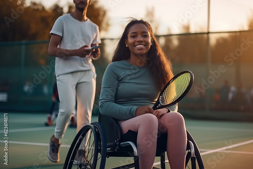 Photo of A woman in a wheelchair playing tennis with a man photo