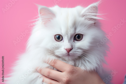 Hands holding pet cat on pastel background, copy space, Adorable domestic pet concept