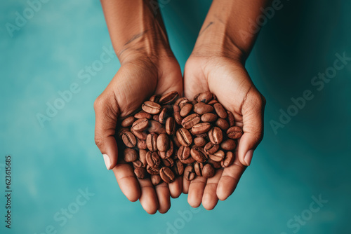 Hands holding coffee beans on pastel background, Organic fruits, Healthy food