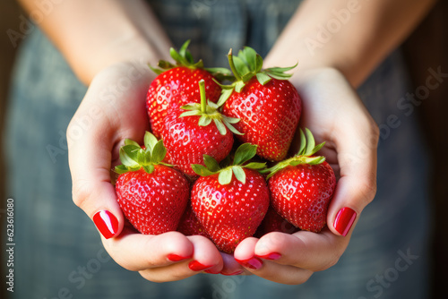 Hands holding strawberries on pastel background, Organic fruits, Healthy food