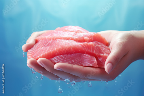 Hands holding fresh tuna fish on pastel background, fresh food ingredients, Healthy food