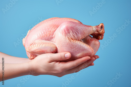 Hands holding fresh turkey meat on pastel background, fresh food ingredients, Healthy food