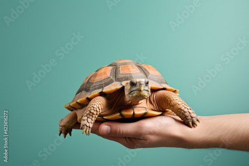 Hands holding pet turtle on pastel background, copy space, Adorable domestic pet concept photo