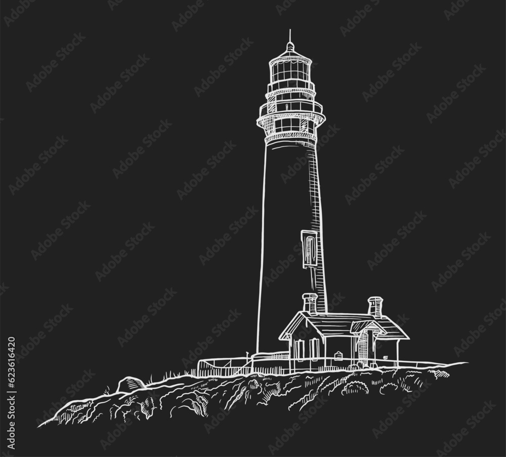 Hand drawn vector illustration - Lighthouse on the seashore isolated on black background