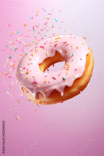 Pink doughnut with sprinkles falling or flying in motion against pink pastel background