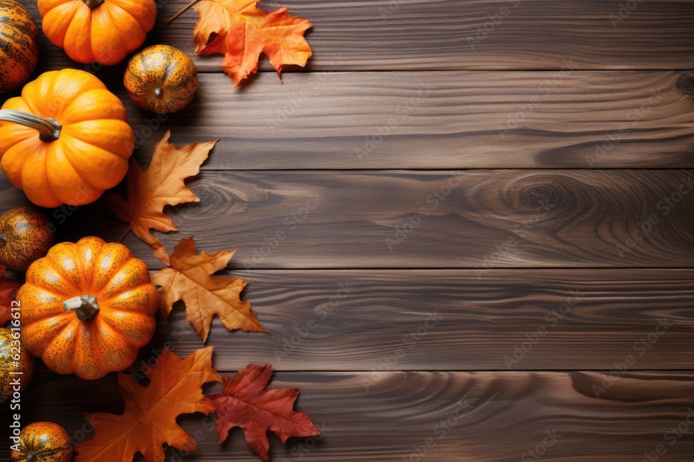 pumpkins and fallen leaves on wooden background. Copy space for text. Halloween, Thanksgiving day or seasonal autumnal pumpkins and fallen leaves on wooden background. Copy space for text. Halloween, Thanksgiving day or seasonal autumnal