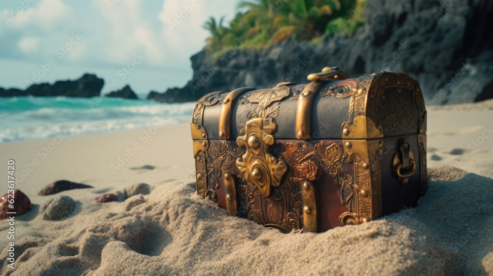 Fototapeta premium The treasure chest on the beach with sunlight
