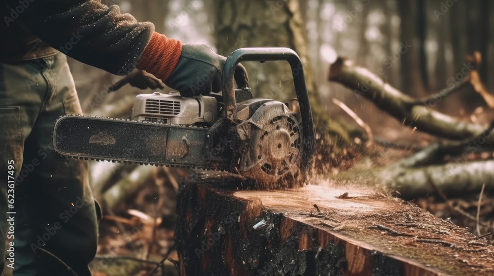 A man is cutting wood in the forest with a chainsaw A man is cutting wood in the forest with a chainsaw