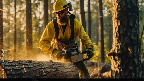 A man is cutting wood in the forest with a chainsaw