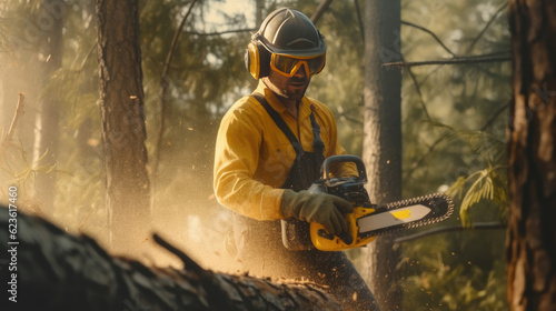 A man is cutting wood in the forest with a chainsaw photo